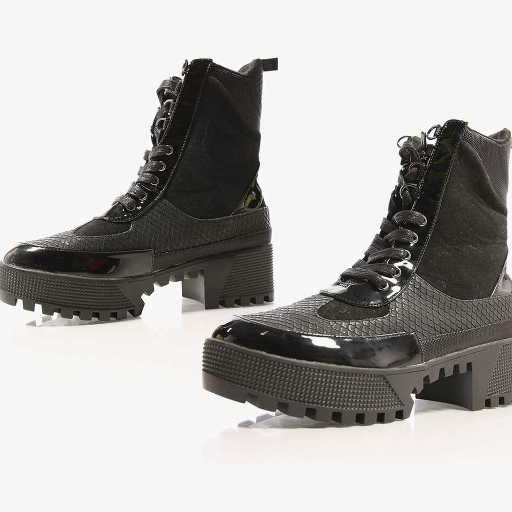 Womens Casual Round Toe Color Block Lug Sole Combat Military Fashion Ankle Boot